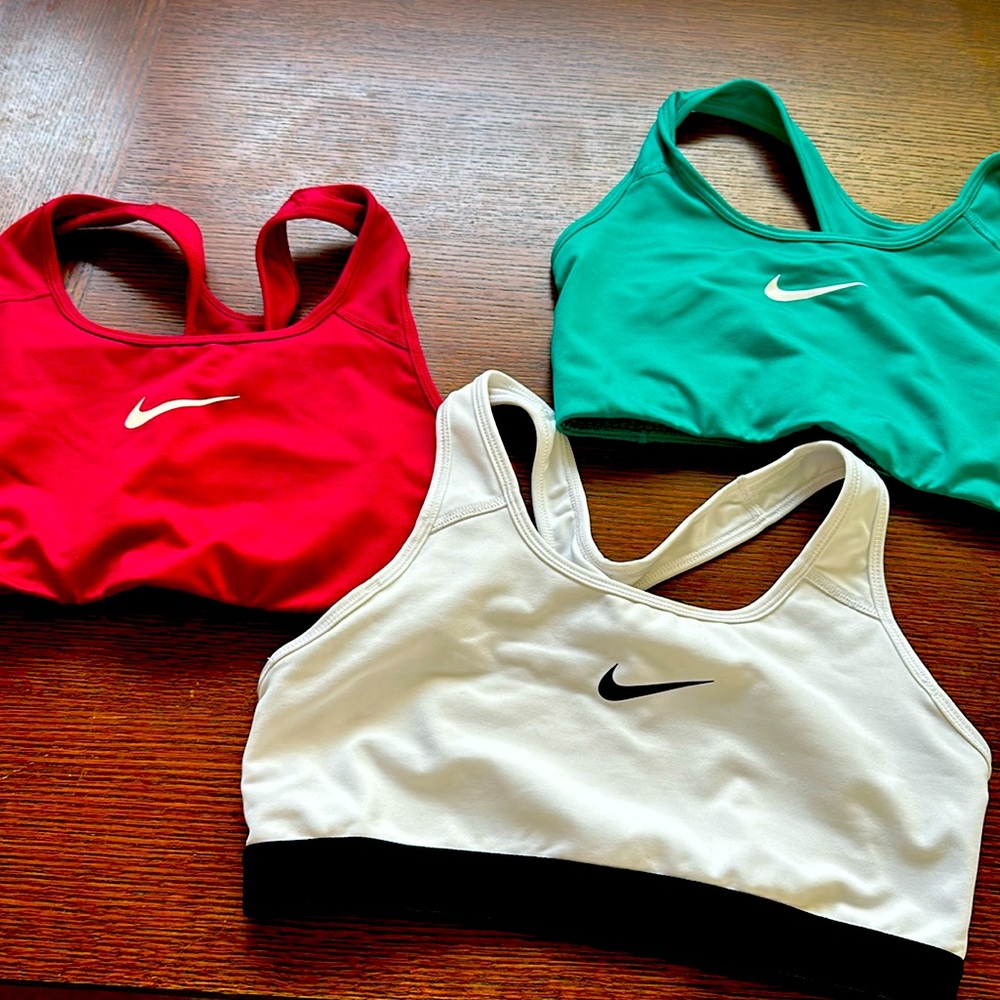 Nike sports bras size large three set: cranberry, white and teal